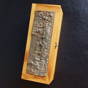 Mid-century modern wooden storage box with bronze ranch decal